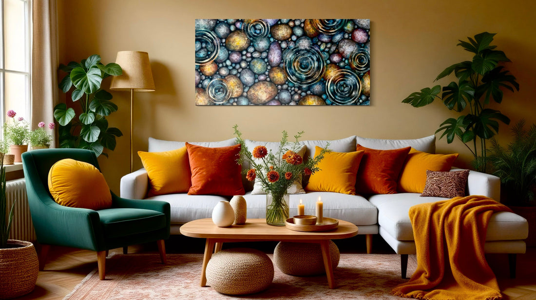 Photo of "Symphony of Rain" 30"x60" Original Art by Canadian Artist Melissa Jean, set over a couch, enhancing the space for a contemporary look.