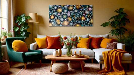 Photo of "Symphony of Rain" 30"x60" Original Art by Canadian Artist Melissa Jean, set over a couch, enhancing the space for a contemporary look.